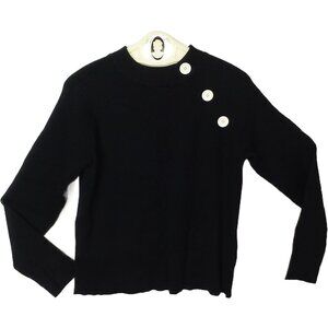 Vintage 80s dressbarn Ribbed Knit Sweater Lady-L Mockneck Faux-Buttons LSL Black